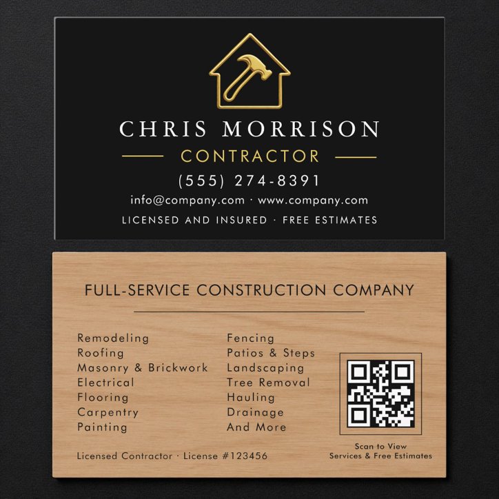 Luxury Black And Gold Wood Construction QR Code Business Card
