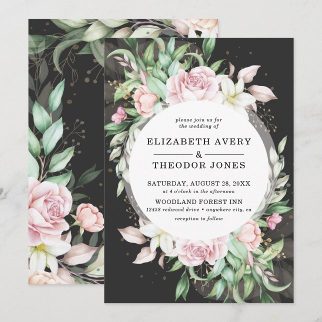 Luxury Black and Pink Floral Wedding Invitation (Front/Back)