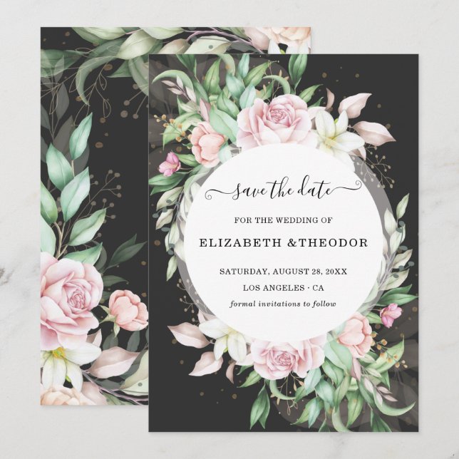 Luxury Black and Pink Floral Wedding Save The Date (Front/Back)