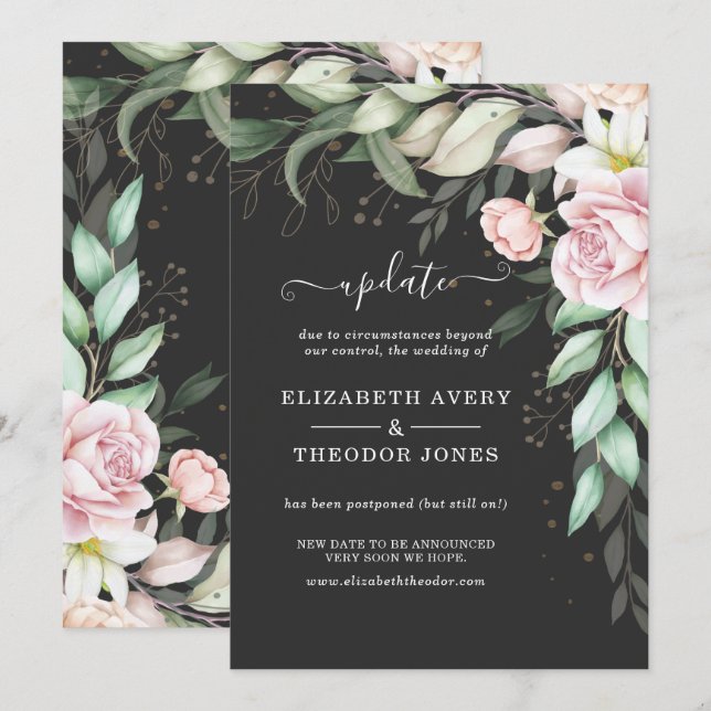 Luxury Black and Pink Floral Wedding Update Invitation (Front/Back)