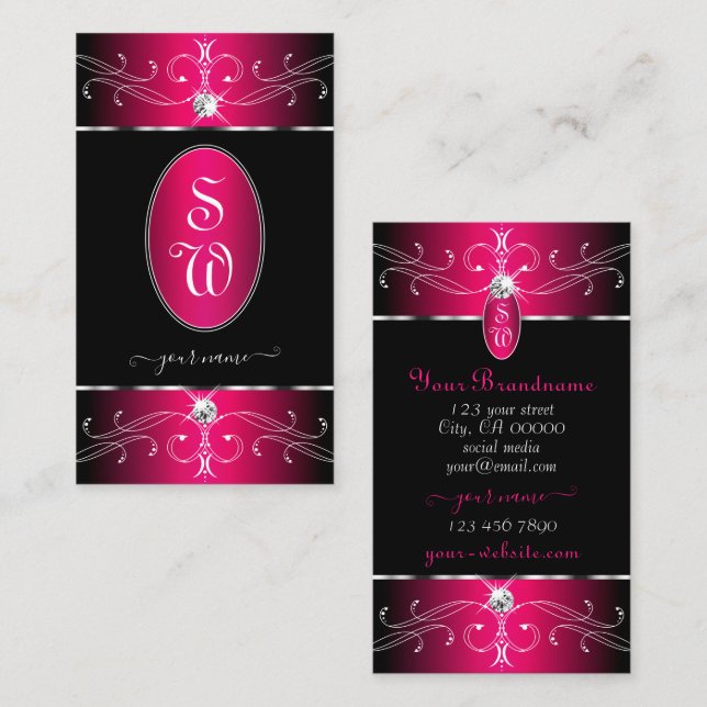 Luxury Black and Pink Ornate Ornaments Initials Business Card (Front/Back)