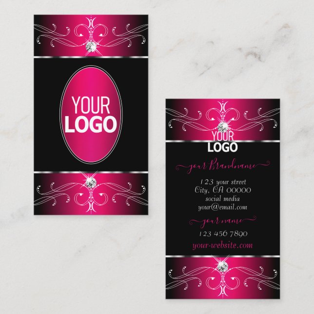 Luxury Black and Pink Ornate Ornaments with Logo Business Card (Front/Back)