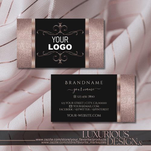 Luxury Black and Rose Gold Glitter Ornate Add Logo Business Card