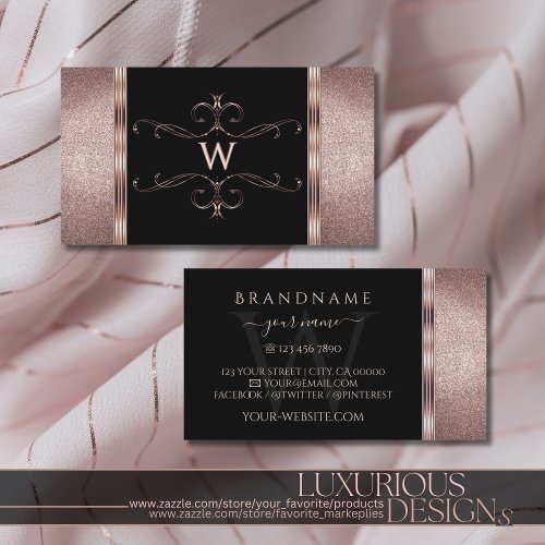 Luxury Black and Rose Gold Glitter Ornate Monogram Business Card