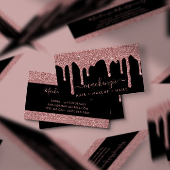 Luxury Black And Rose Gold Sparkle Glitter Drips Business Card by CedarAndString at Zazzle