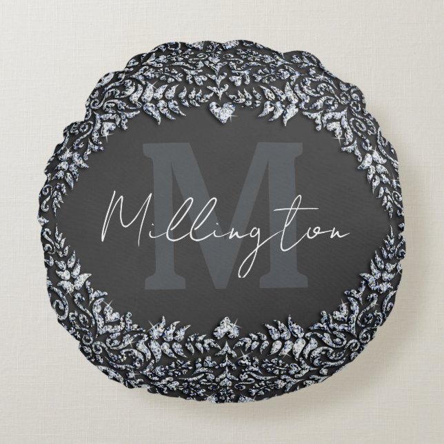 Luxury Black and Silver Diamond Monogram Round Pillow (Front)