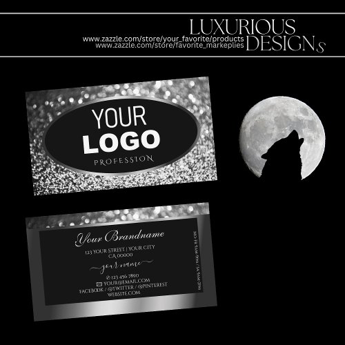 Luxury Black and Silver Sparkle Glitter Add Logo Business Card