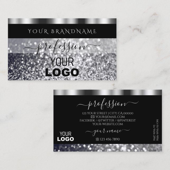 Luxury Black and Silver Sparkling Glitter Add Logo Business Card (Front/Back)