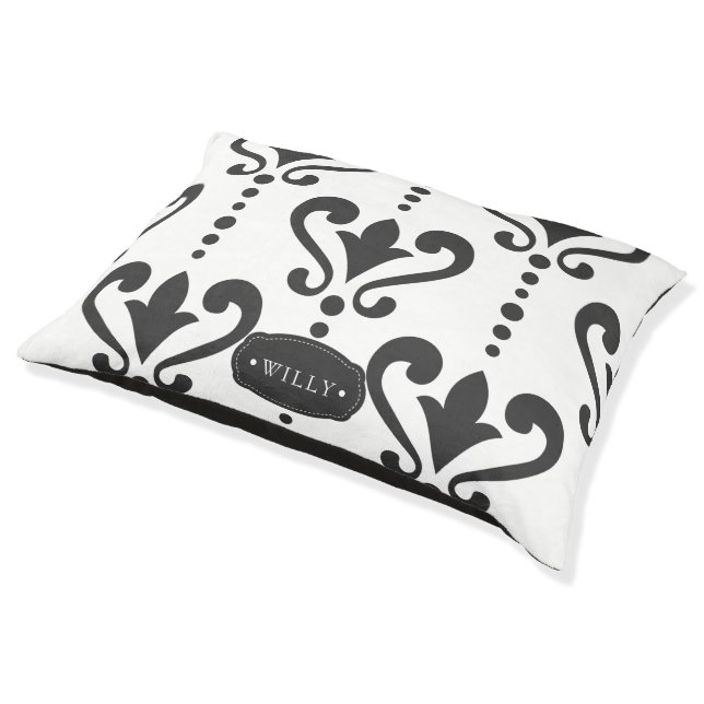 Luxury Black and White Damask Pet Bed (Angled)