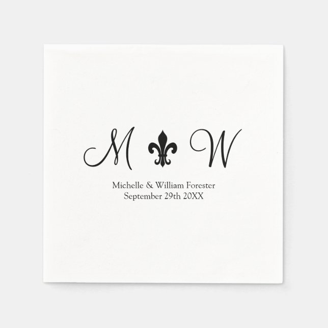 Luxury black and white monogram wedding napkins (Front)