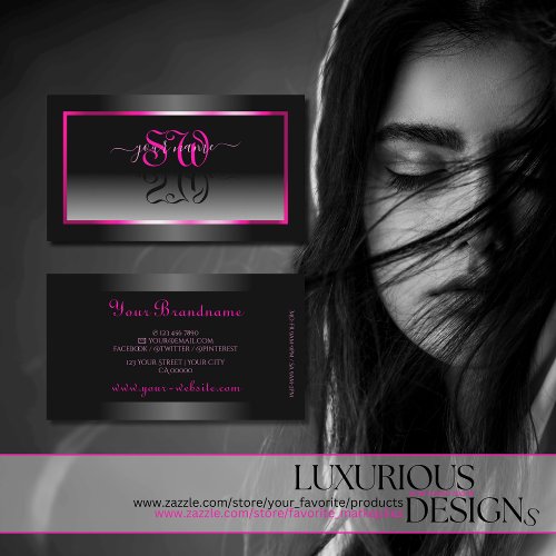 Luxury Black and White Ombre Pink Frame Initials Business Card