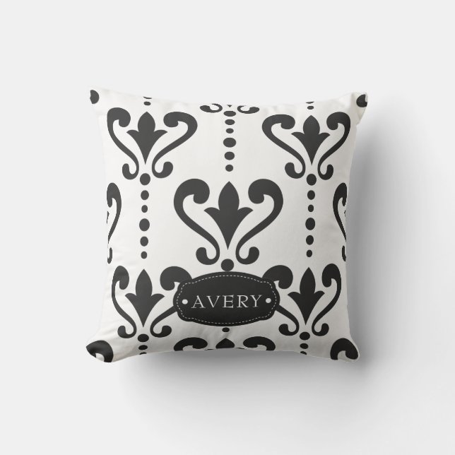 Luxury Black and White Personalized Throw Pillow (Front)