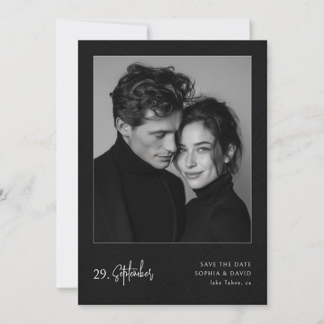 Luxury Black and White Photo Minimalist Wedding Save The Date (Front)