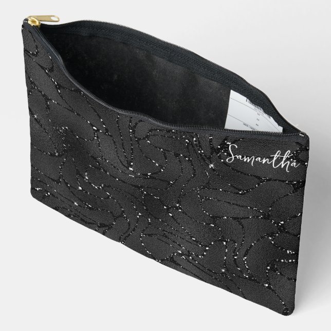 Luxury Black and White Sparkles Pattern Accessory Pouch (Open)