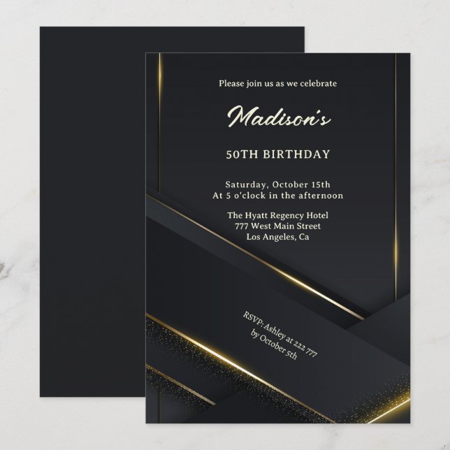 Luxury Black Background Gold Lines Birthday Invitation (Front/Back)