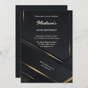 Luxury Black Background Gold Lines Birthday Invitation by gogaonzazzle at Zazzle