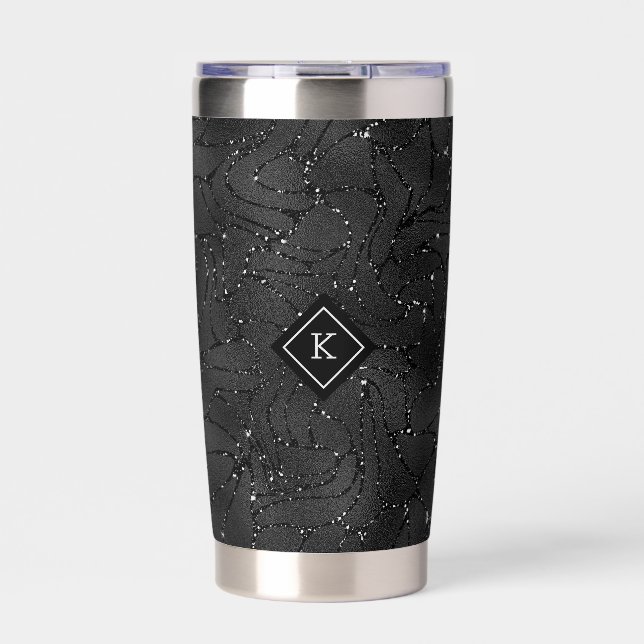 Luxury Black Background White Sparkles Monogram Insulated Tumbler (Front)