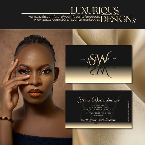 Luxury Black Beige Gradient Mirror Font Initials Business Card
