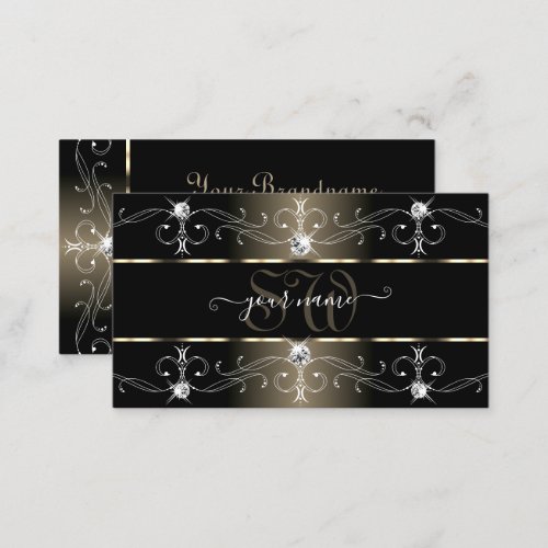 Luxury Black Beige Ornate Borders Jewels Monogram Business Card