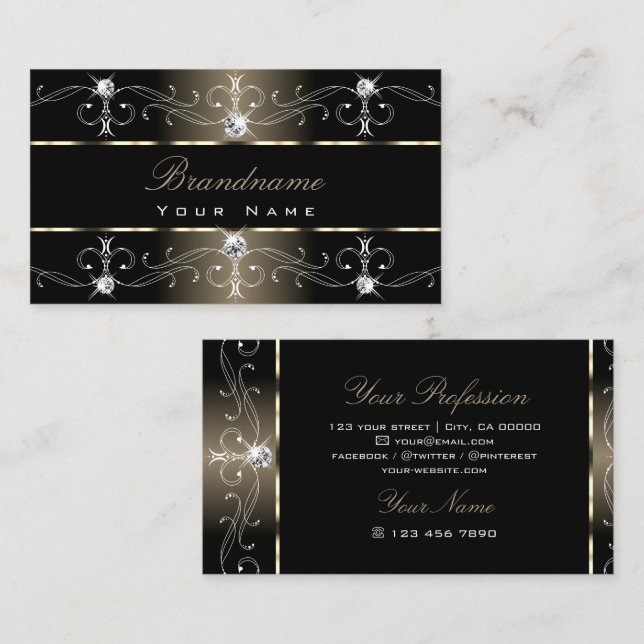 Luxury Black Beige Ornate Borders Jewels Ornaments Business Card (Front/Back)