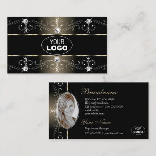 Luxury Black Beige Ornate Borders Logo and Photo Business Card