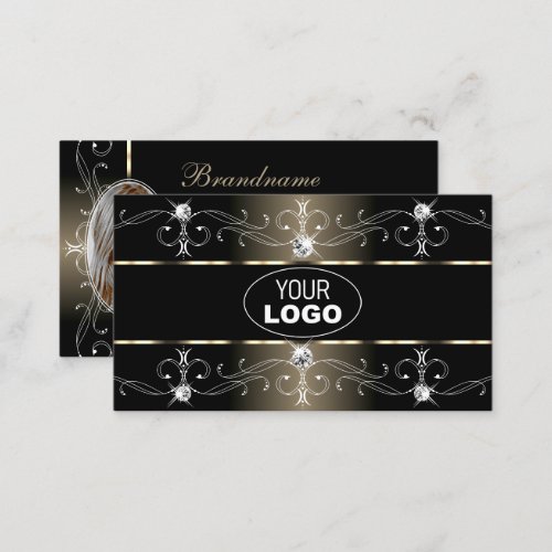 Luxury Black Beige Ornate Borders Logo and Photo Business Card