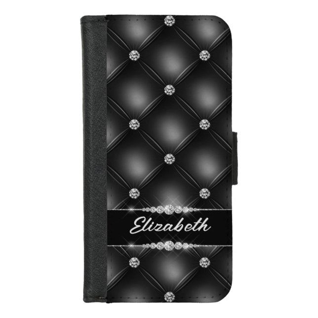 Luxury Black Bling Sparkle Diamond Custom Name  iPhone Wallet Case (Front)