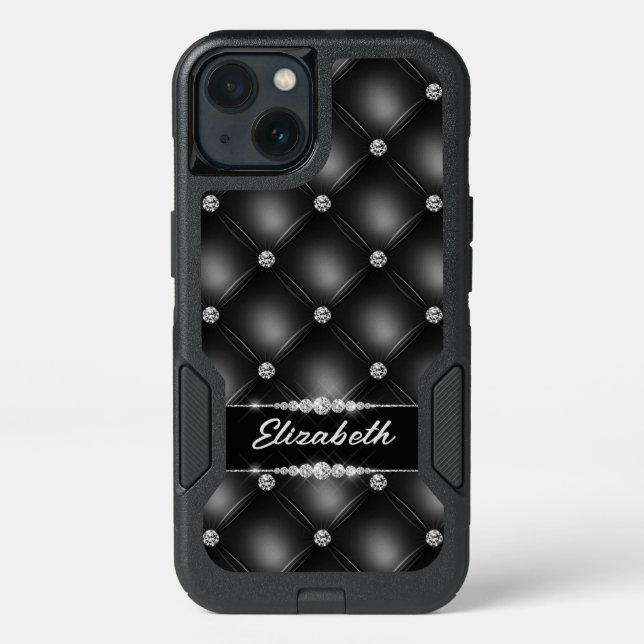 Luxury Black Bling Sparkle Diamond Custom Name  Otterbox iPhone Case (Back)