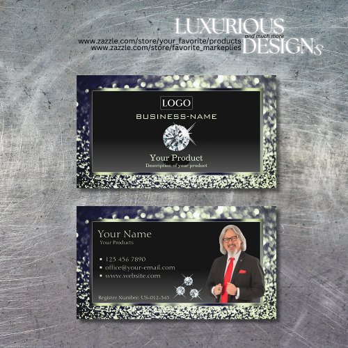 Luxury Black Blue Glitter with Logo Diamonds Photo Business Card