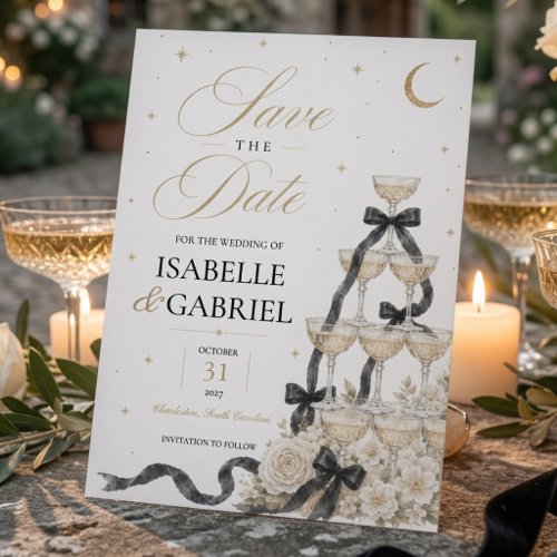 Luxury Black Bow Champagne Tower Save the Date Invitation