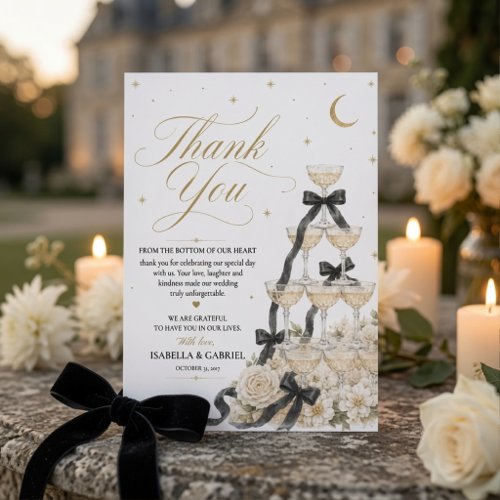 Luxury Black Bow Champagne Tower Wedding Thank You Card