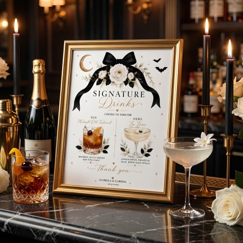 Luxury Black Bow Gothic Wedding Signature Drinks Poster