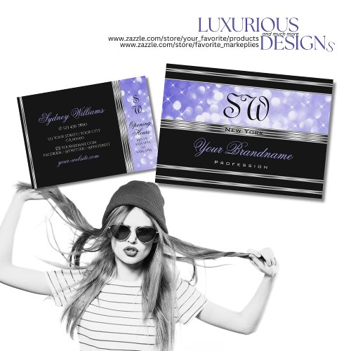 Luxury Black Bright Blue Glitter Monogram Silver Business Card