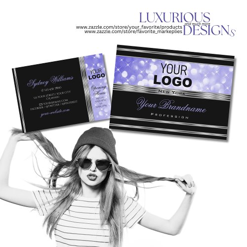 Luxury Black Bright Blue Glitter with Logo Silver Business Card