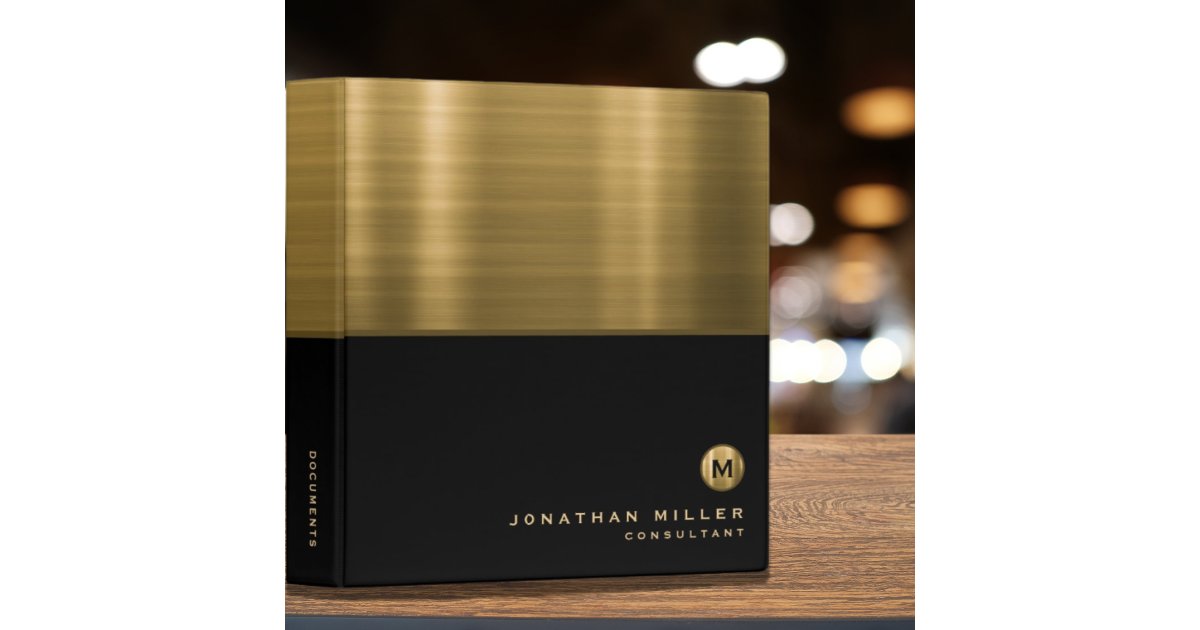 Luxury Black Brushed Gold Monogram 3 Ring Binder | Zazzle