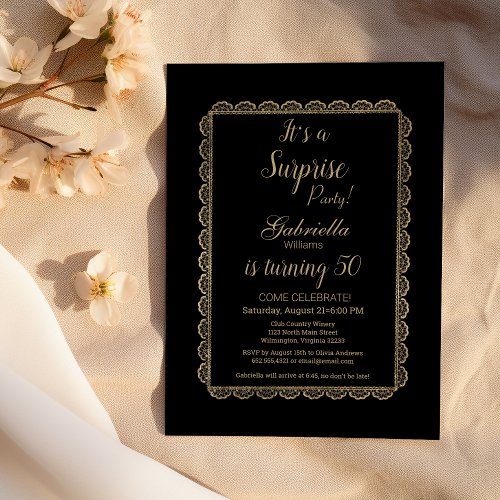 Luxury black chic gold floral lace Surprise Party  Invitation