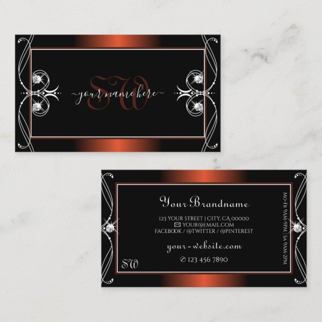 Luxury Black Copper Sparkle Jewels Initials Ornate Business Card (Front/Back)