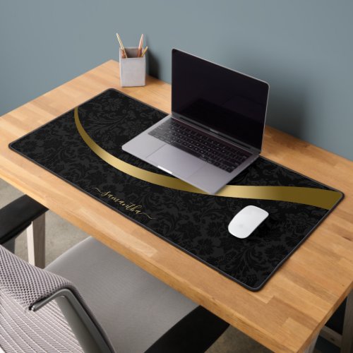Luxury black damask gold stripe monogram desk mat