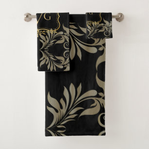 Luxury Black Damask with vintage gold frame Bath Towel Set