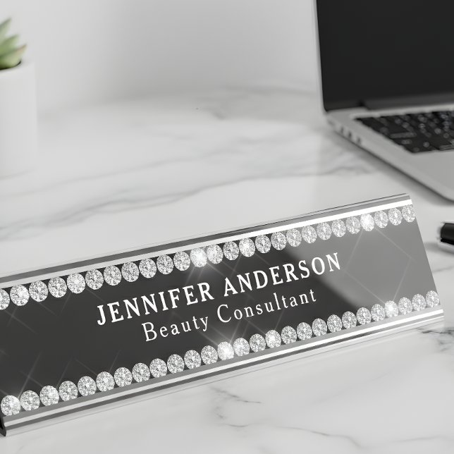 Luxury Black Diamond Border Elegant Desk Name Plate (Creator Uploaded)