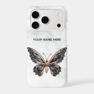 Luxury Black Diamond Butterfly White Marble Phone iPhone 17 Pro Case