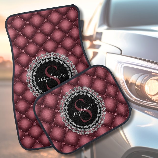 Luxury Black Diamonds Burgundy Monogram  Car Floor Mat (Mockup View)