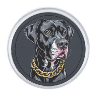 Luxury Black Dog With Gold Chain Silver Finish Lapel Pin
