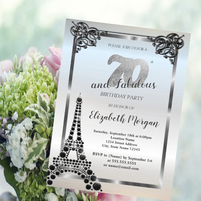 Luxury Black Eiffel Tower,Border 70th Birthday  Invitation (Creator Uploaded)