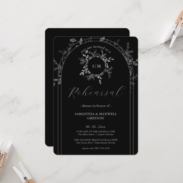 Luxury Black elegant Rehearsal Dinner Invitation (Front/Back In Situ)