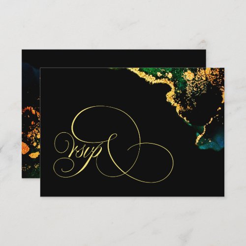 Luxury Black Emerald Gold Wedding  RSVP Card