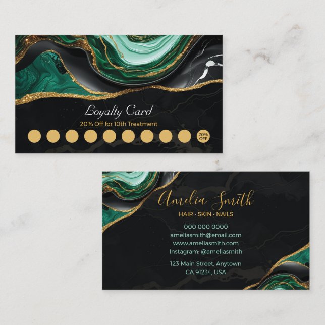 Luxury Black & Emerald Green Marble with Gold Loyalty Card (Front/Back)