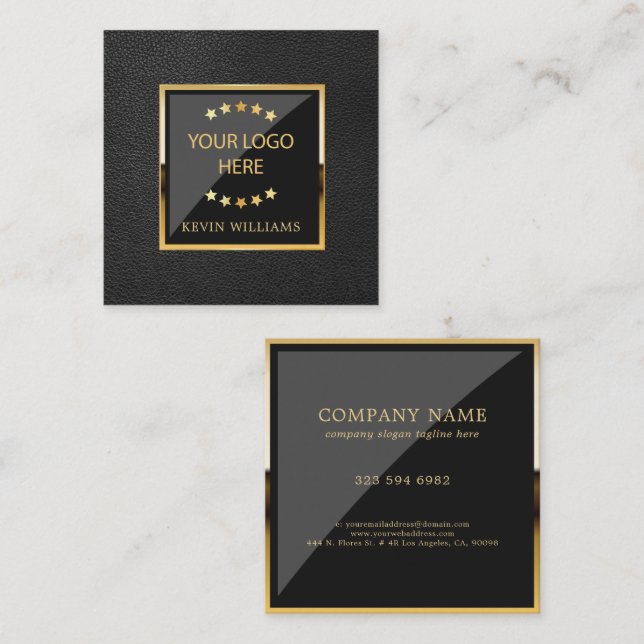 Luxury Black Faux Leather Logo Business Square Business Card (Front/Back)