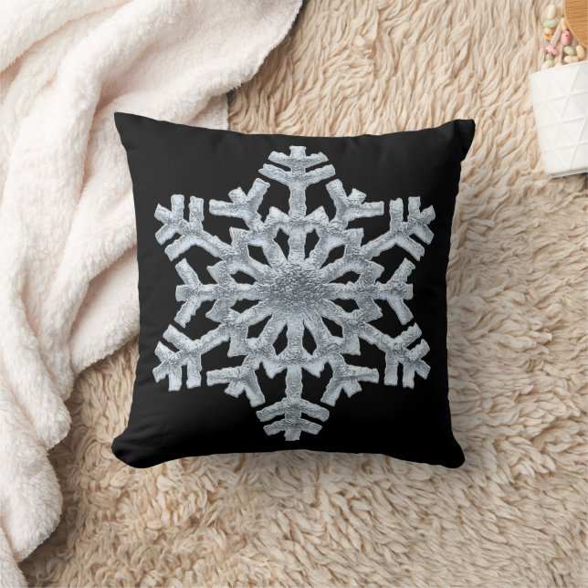 Luxury Black Frozen Snowflake Winter Christmas Throw Pillow (Blanket)