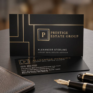 Luxury Black Geometric Minimalist Monogram Design Foil Business Cards